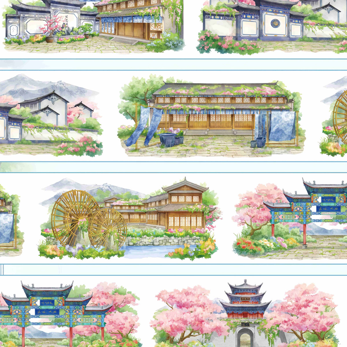 Traditional shopfronts, archways, and a water wheel in an old mountain town