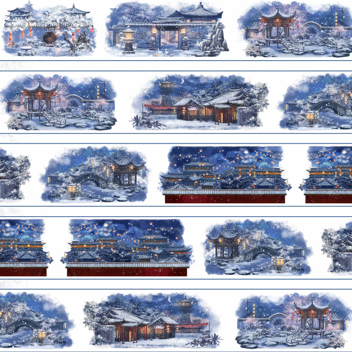 Snow-covered traditional palace rooftops glowing with lanterns at night