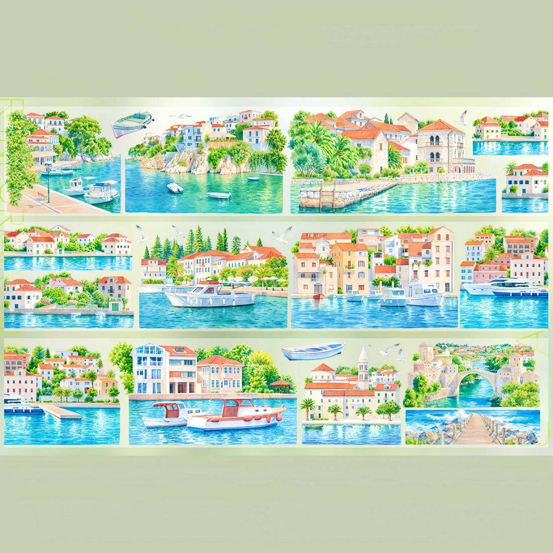 Blue bay old town with boats and waterfront houses PET tape design