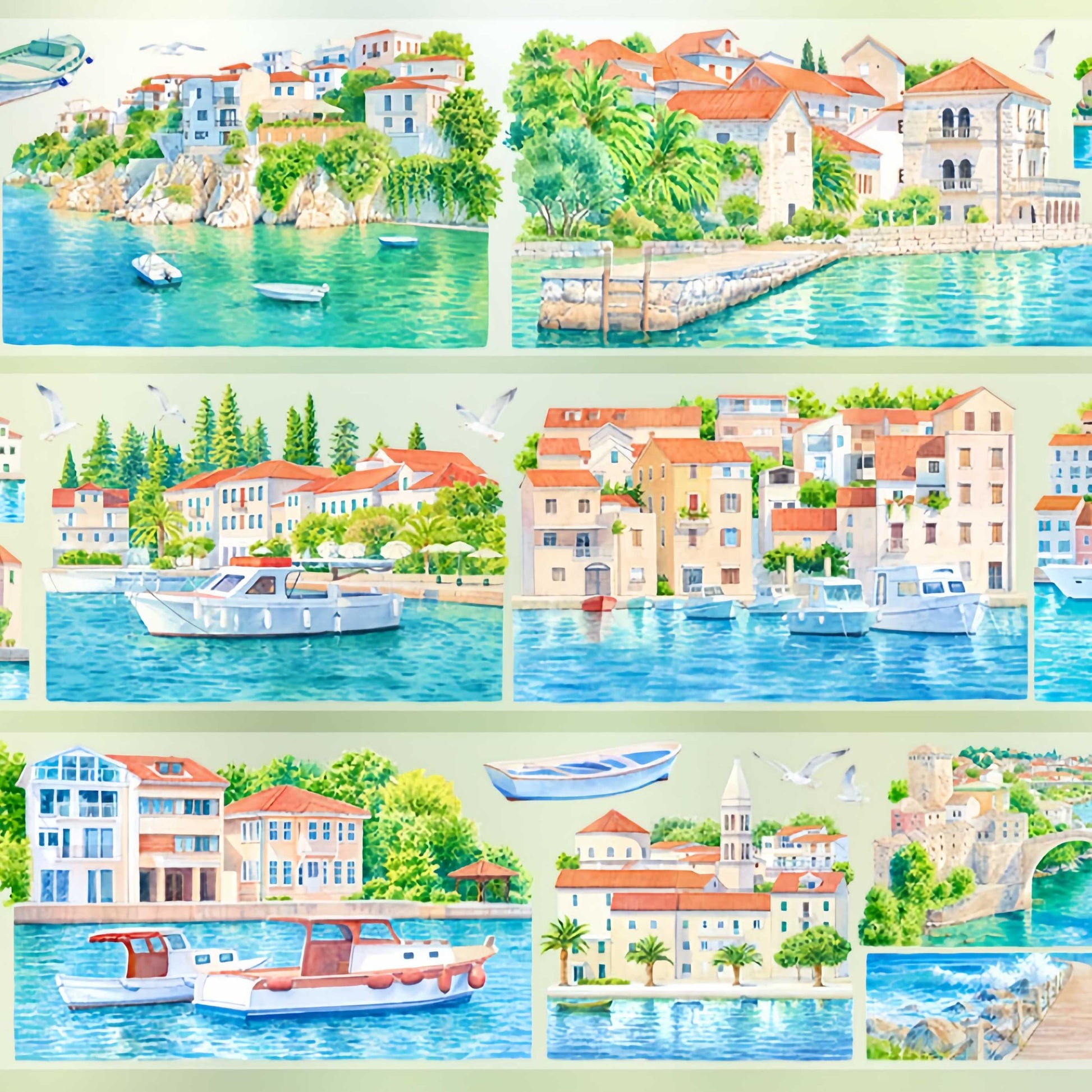 Blue bay old town with boats and waterfront houses PET tape design