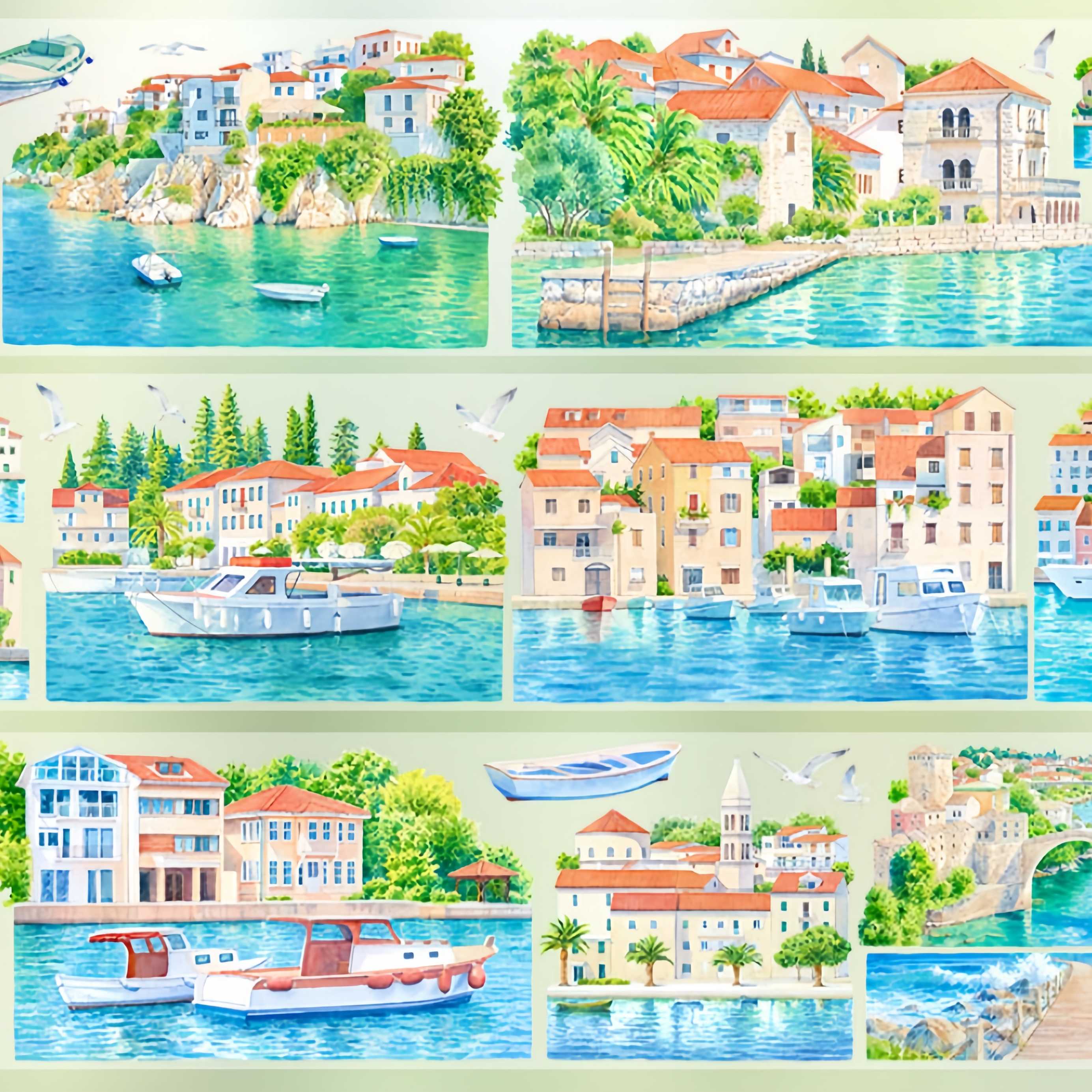 Blue bay old town with boats and waterfront houses PET tape design