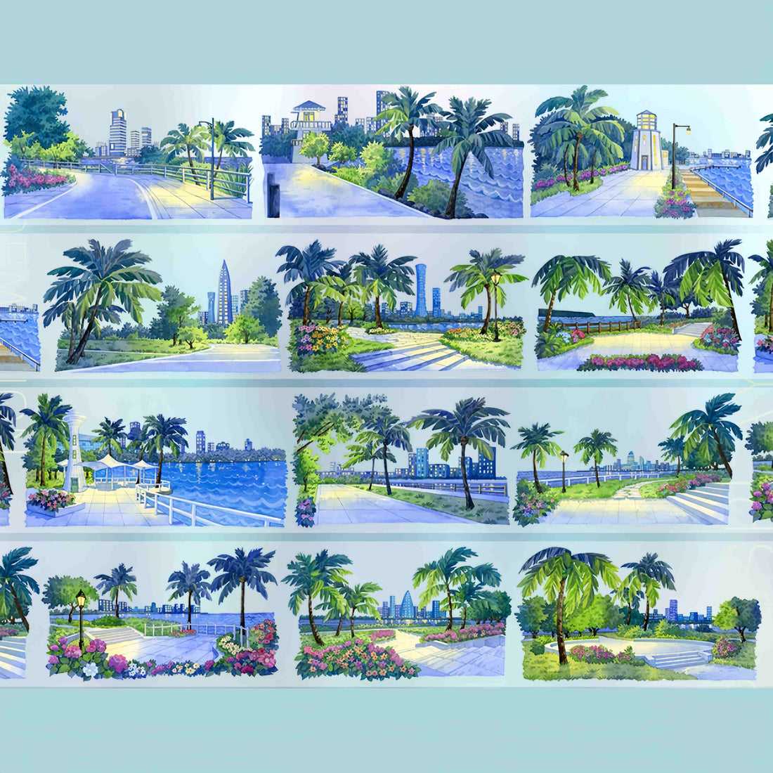 Tropical bay park with palm trees and waterfront city PET tape design
