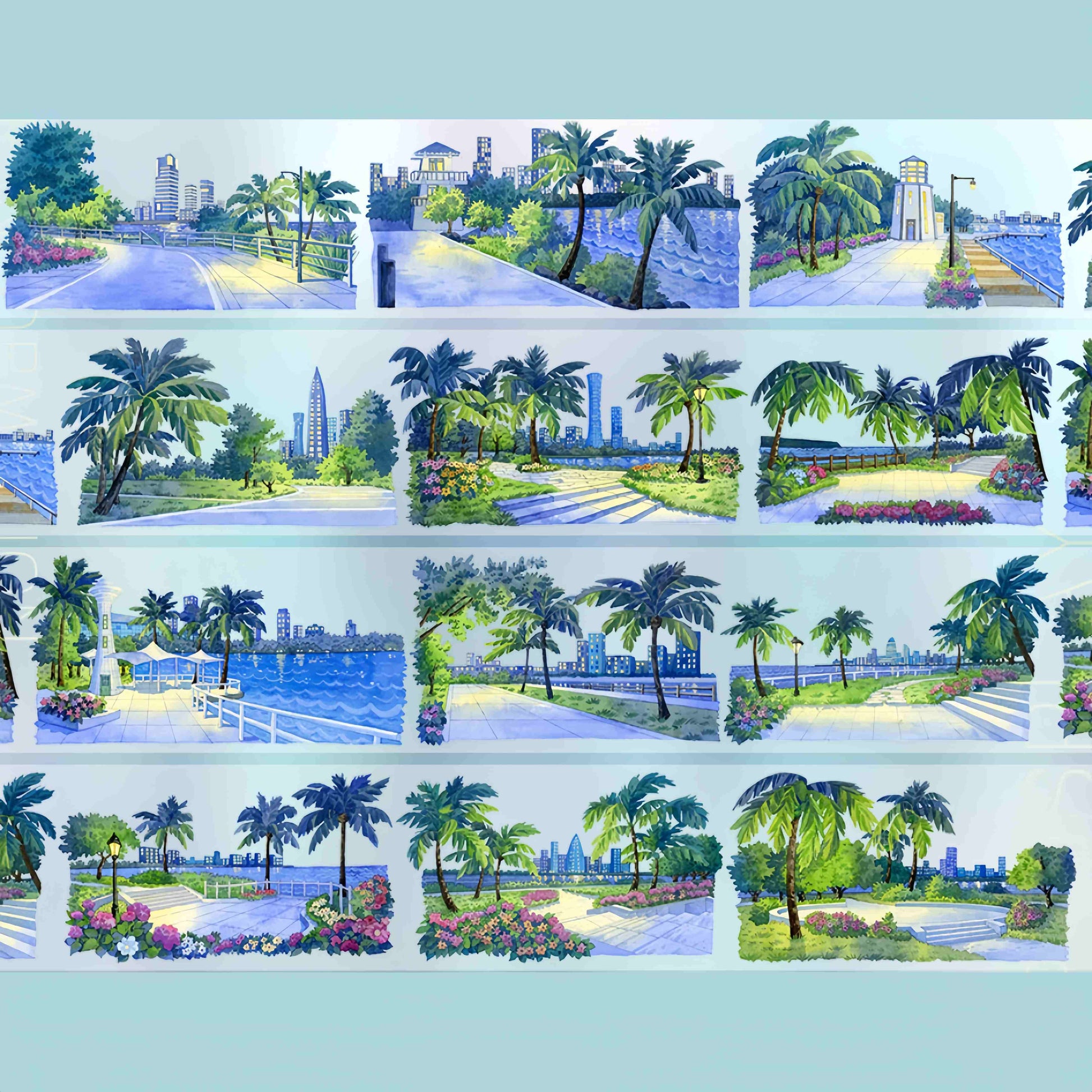 Tropical bay park with palm trees and waterfront city PET tape design