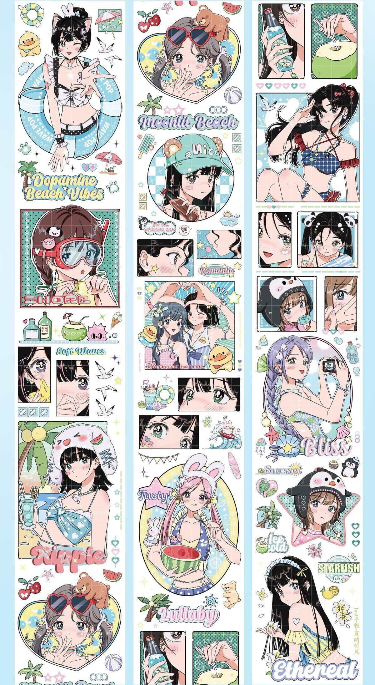Dopamine beach vibes anime PET tape full roll showing summer beach girls with ocean and tropical scenes