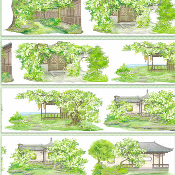 White hydrangea blossoms over a traditional courtyard with moon gates and lattice windows