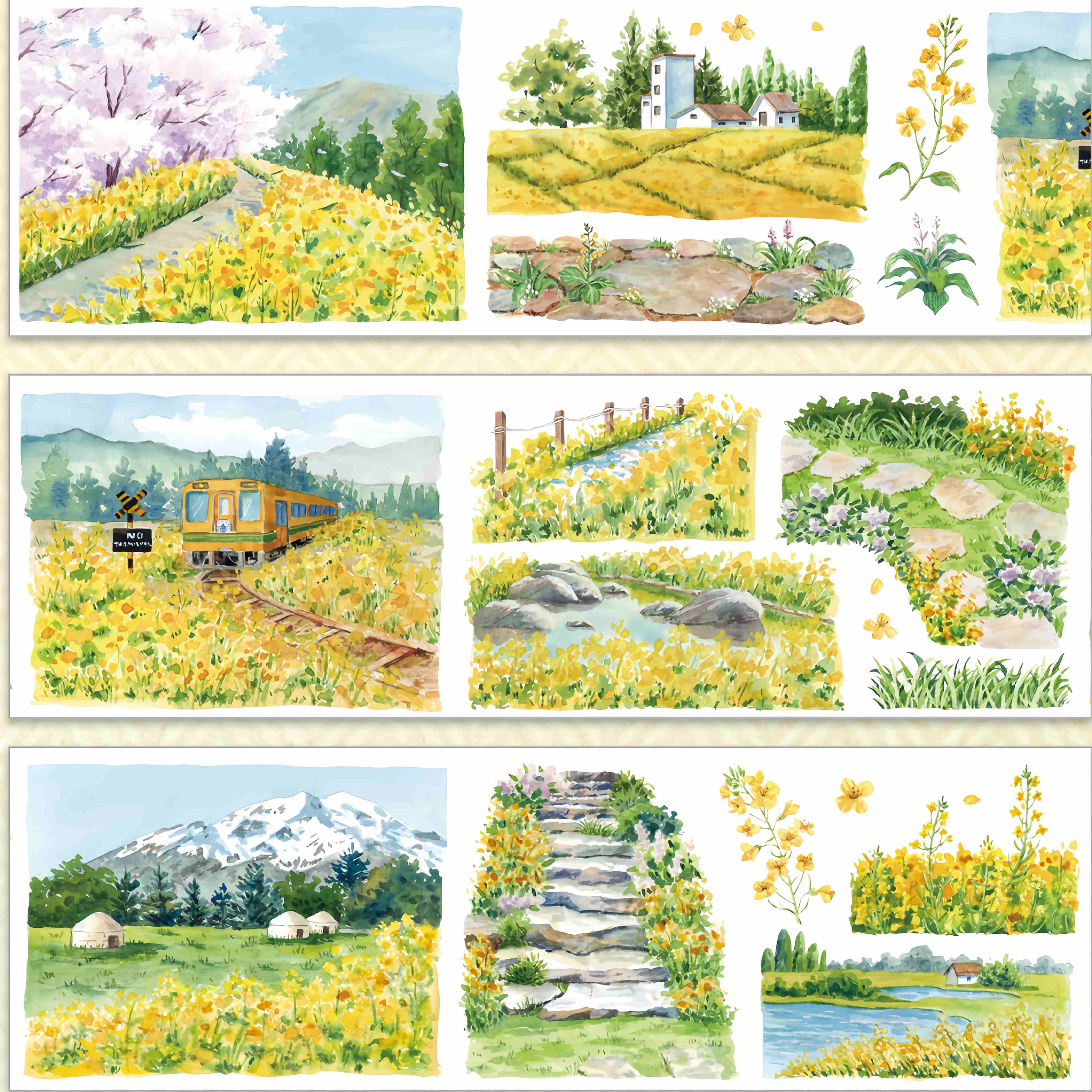 Golden wildflower meadow with cherry blossoms and a countryside train