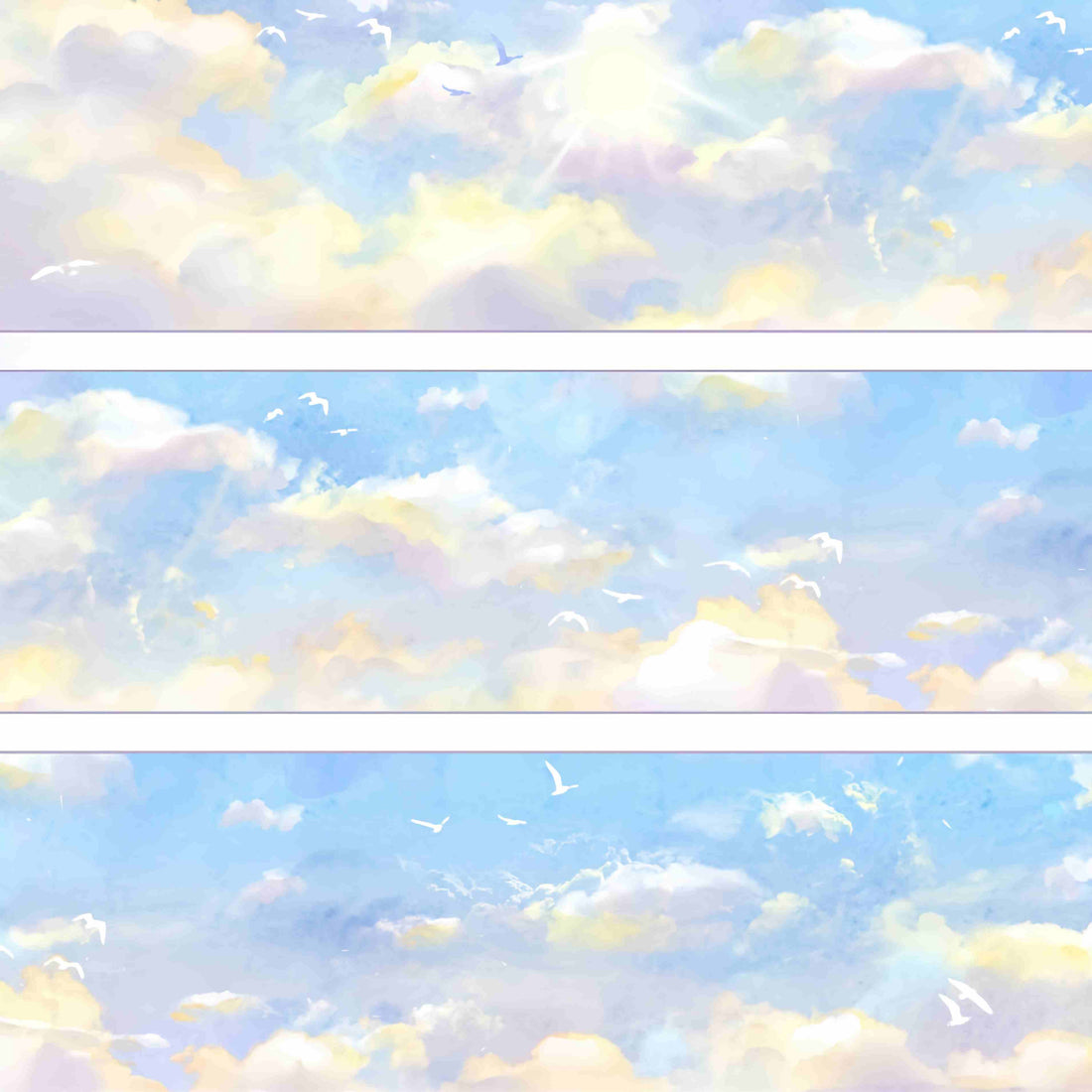 A sunlit blue sky with fluffy clouds and small birds in flight
