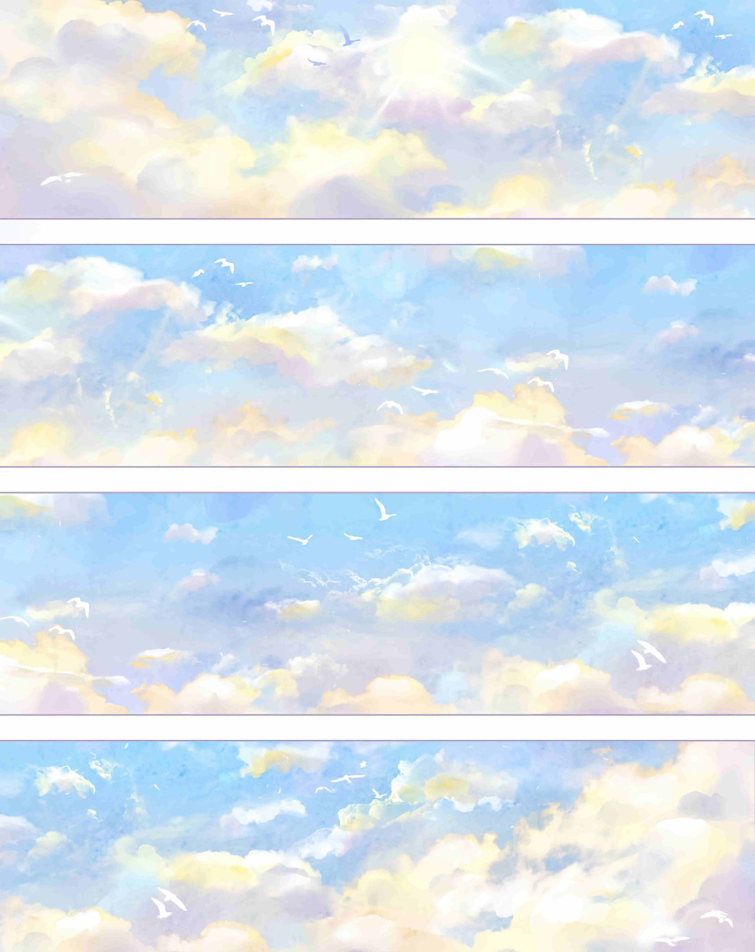 A sunlit blue sky with fluffy clouds and small birds in flight