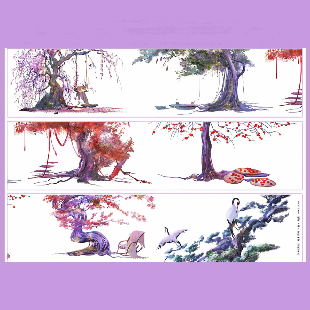 Wide tree tape strips with blossoming trees and swings on a purple background
