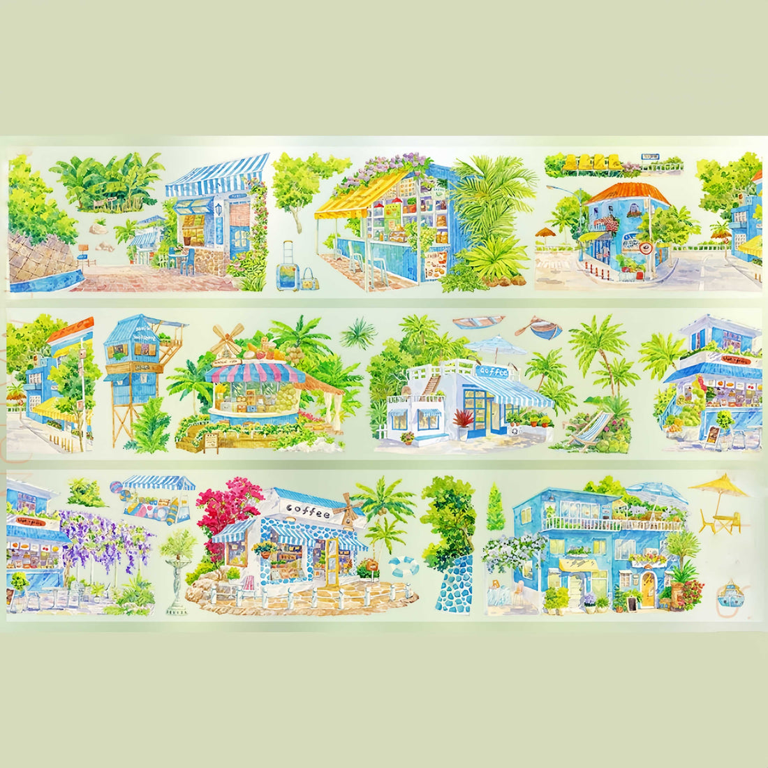 Sunny blue island town with coastal shops and cafes PET tape design