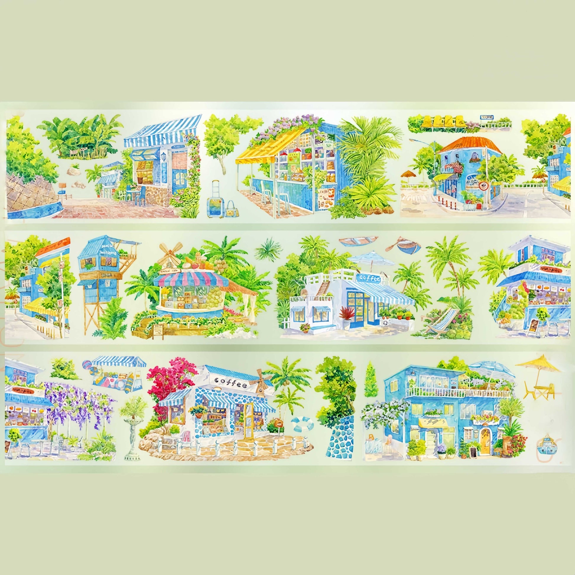 Sunny blue island town PET tape detail view