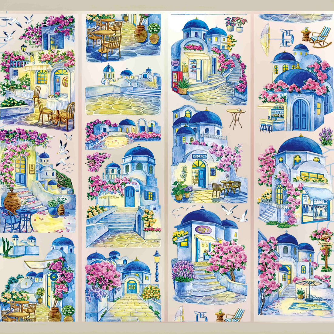Santorini-style seaside village with blue domes PET tape design