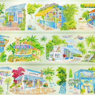 Sunny blue island town with coastal shops and cafes PET tape design