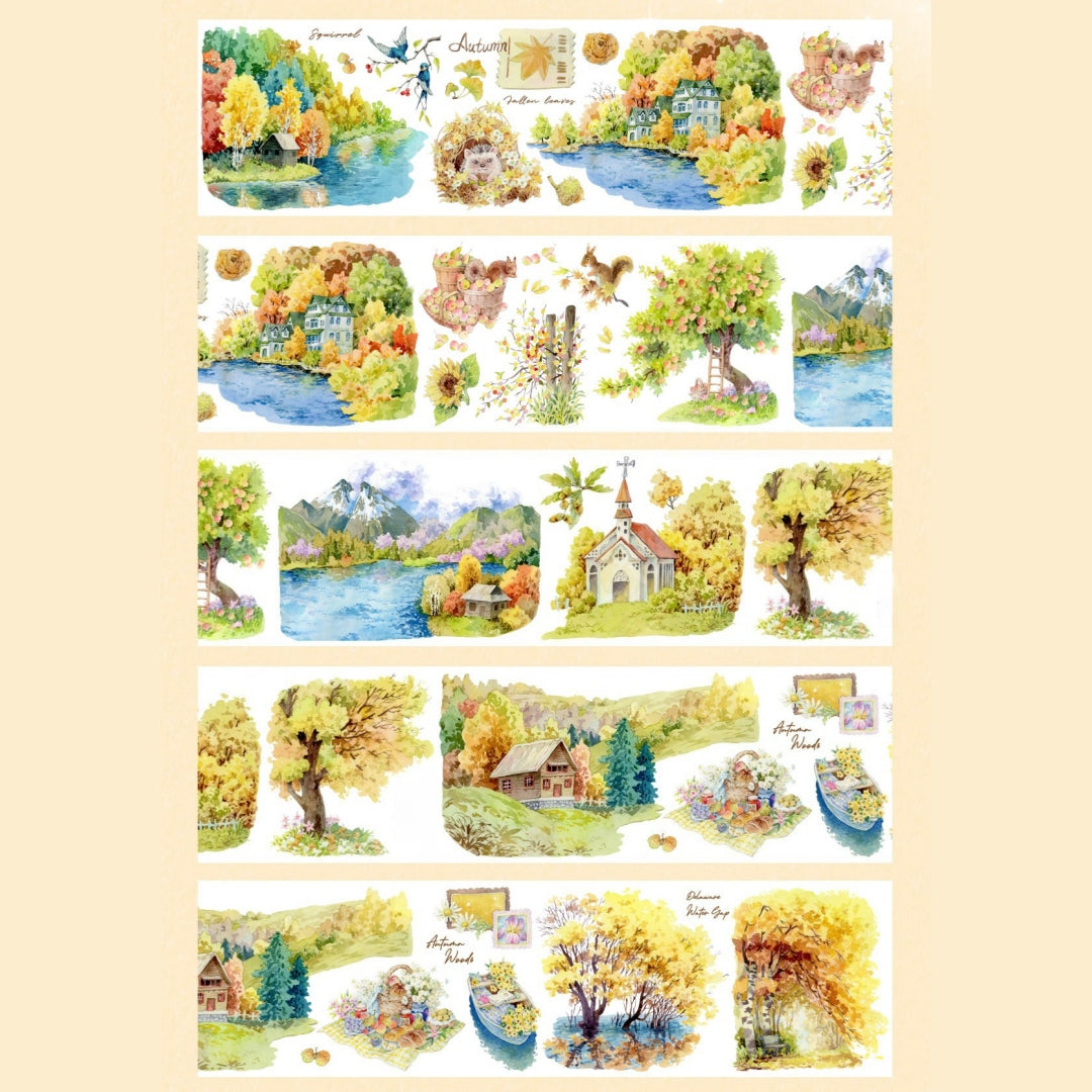 Autumn countryside scenes with lakes, houses, trees, and mountains on PET tape
