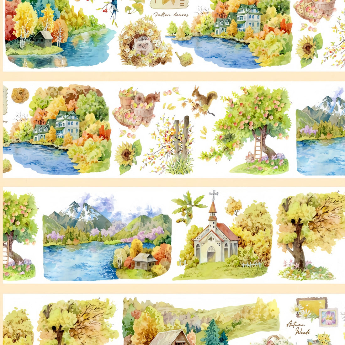 Autumn countryside scenes with lakes, houses, trees, and mountains on PET tape