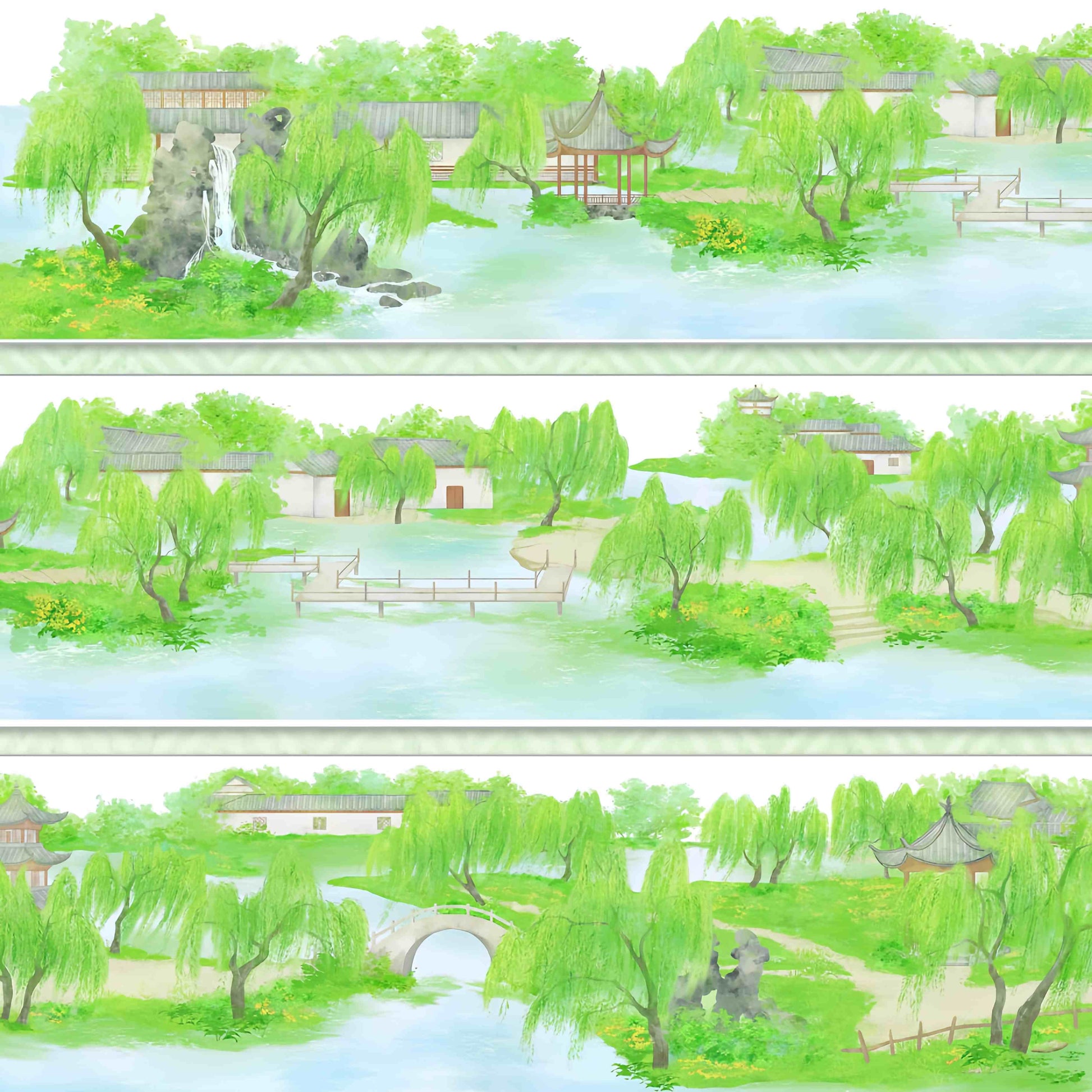 Willow trees, a stone arch bridge, and traditional riverside village buildings