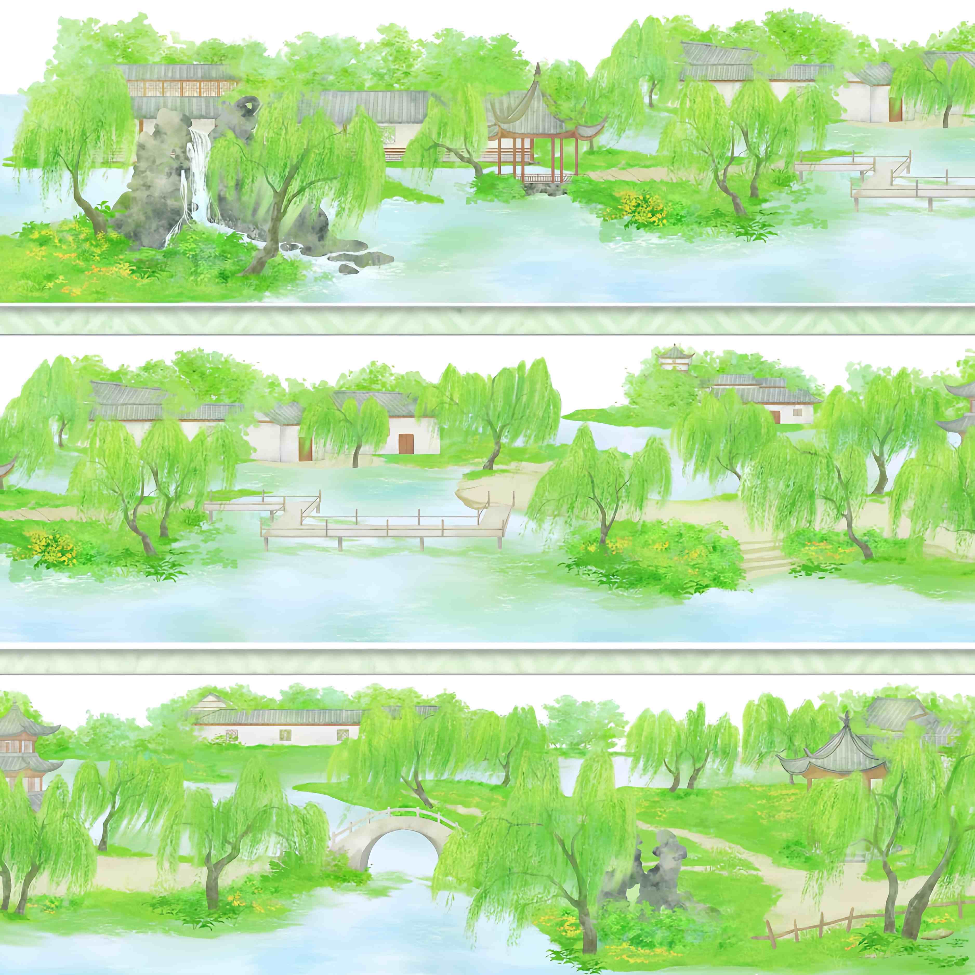 Willow trees, a stone arch bridge, and traditional riverside village buildings