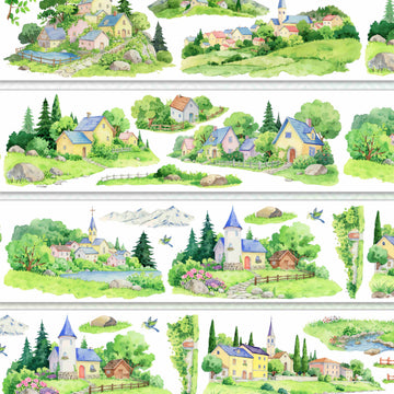Alpine village with cottages, a blue-roofed church, and pine forests in green mountains