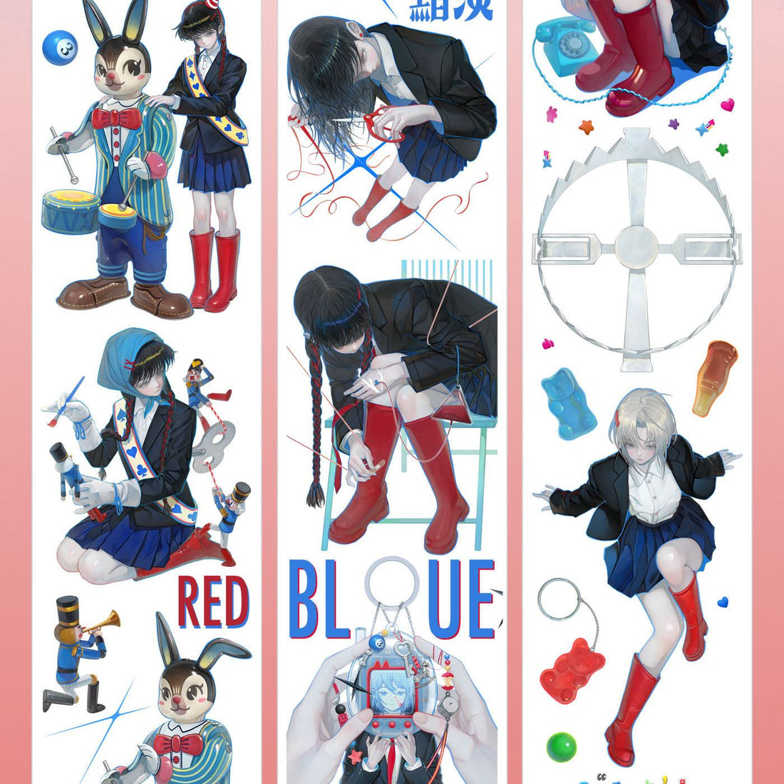 Red and blue dark anime character PET tape showing schoolgirl in black uniform and whimsical rabbit mascots