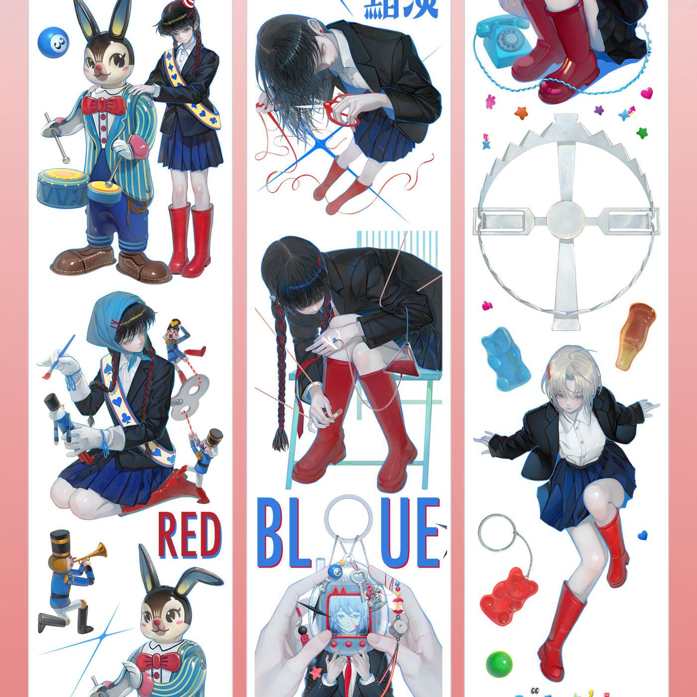 Red and blue dark anime character PET tape showing schoolgirl in black uniform and whimsical rabbit mascots