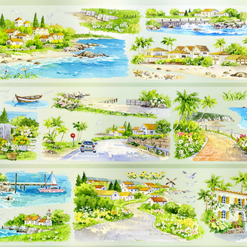 Sunny bay coastal village with beaches, boats, and riverside scenes PET tape design