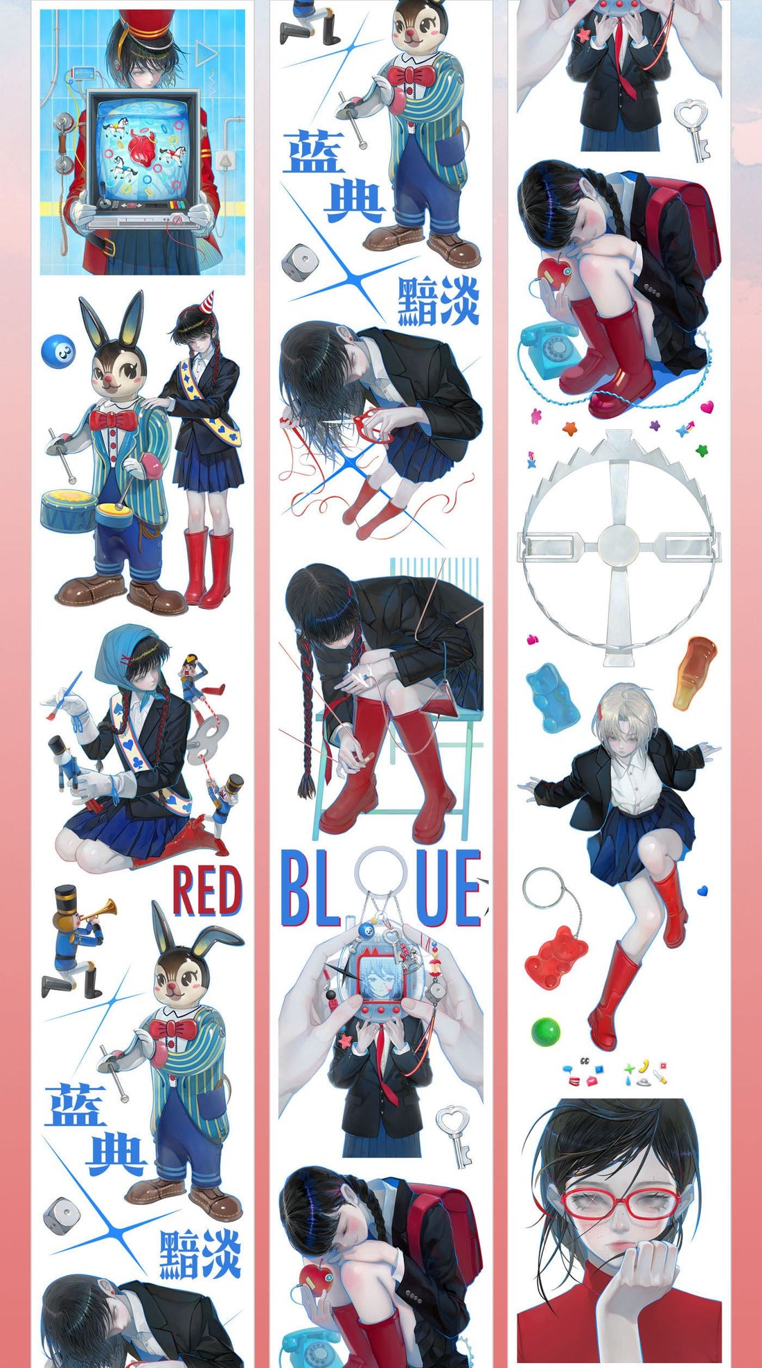 Red and blue dark anime character PET tape showing schoolgirl in black uniform and whimsical rabbit mascots