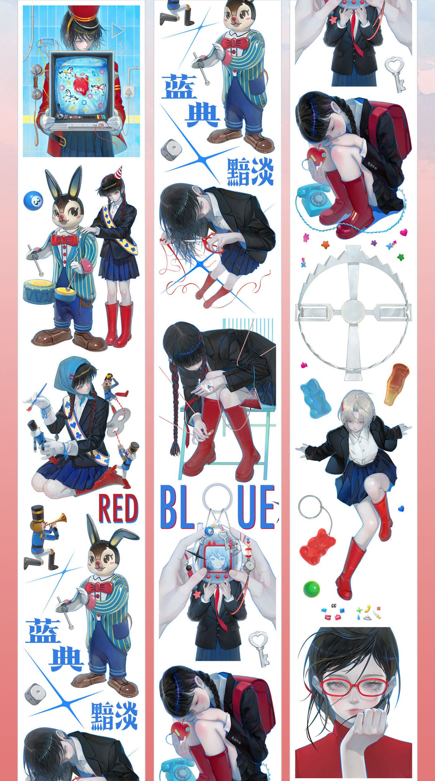 Dark anime PET tape with high-contrast red and blue palette featuring schoolgirl and toy rabbit characters
