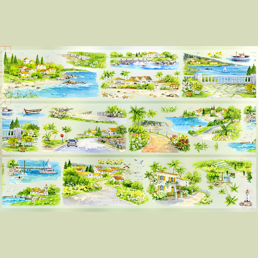 Sunny bay coastal village with beaches, boats, and riverside scenes PET tape design
