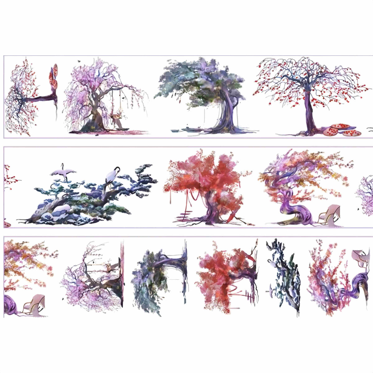 Tree tape strips with red, purple and pine trees