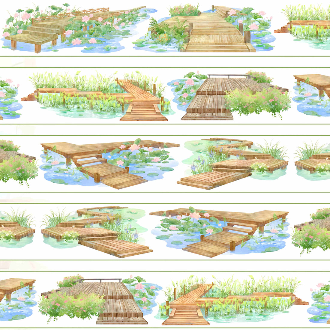 Zigzag wooden boardwalk decks over a lily pond with reeds and pink blooms