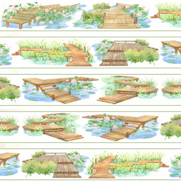 Zigzag wooden boardwalk decks over a lily pond with reeds and pink blooms