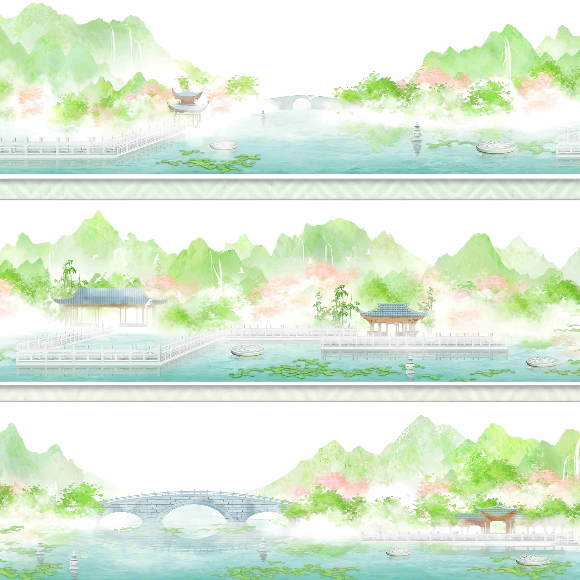 Pavilions and a stone bridge over a misty mountain lake with small boats