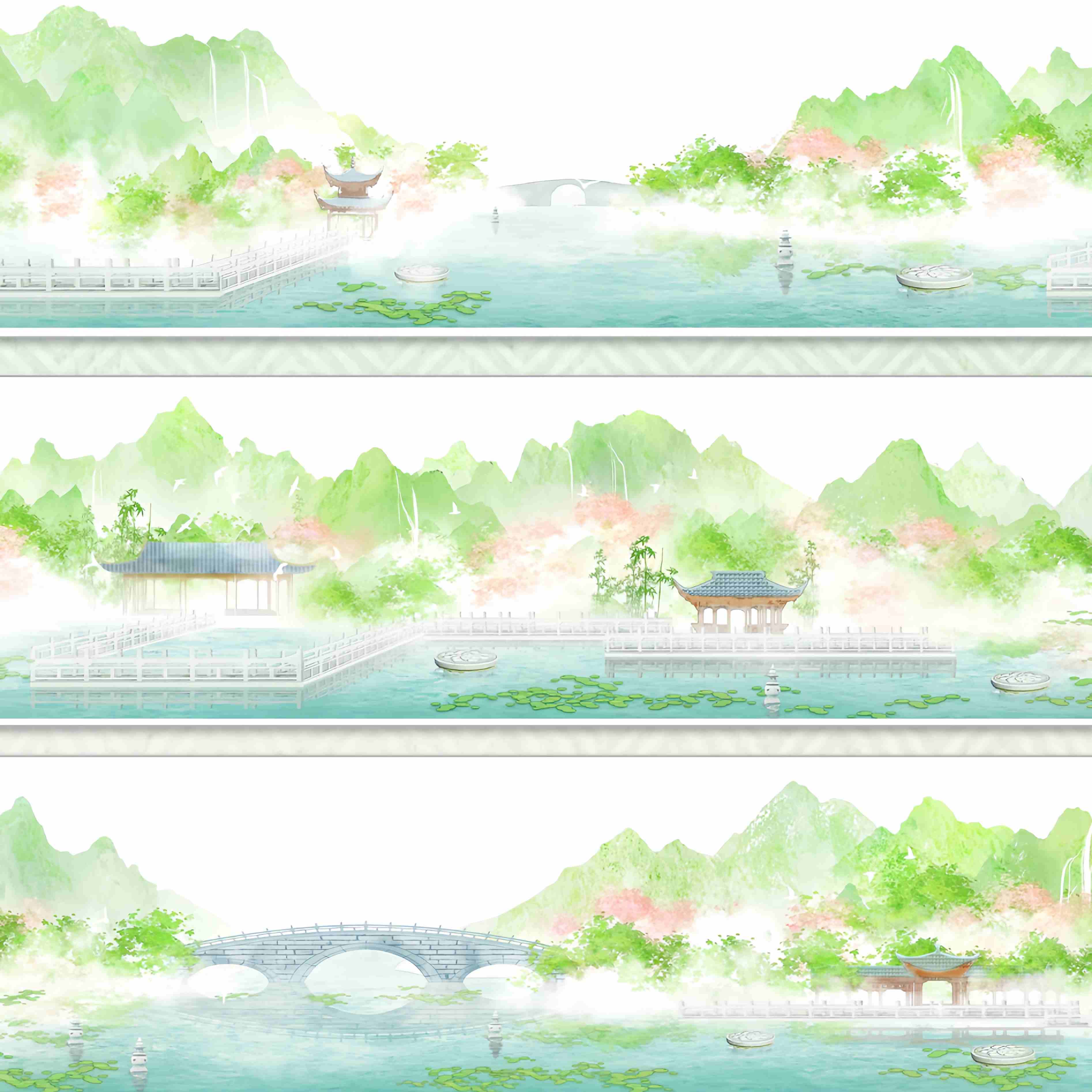 Pavilions and a stone bridge over a misty mountain lake with small boats