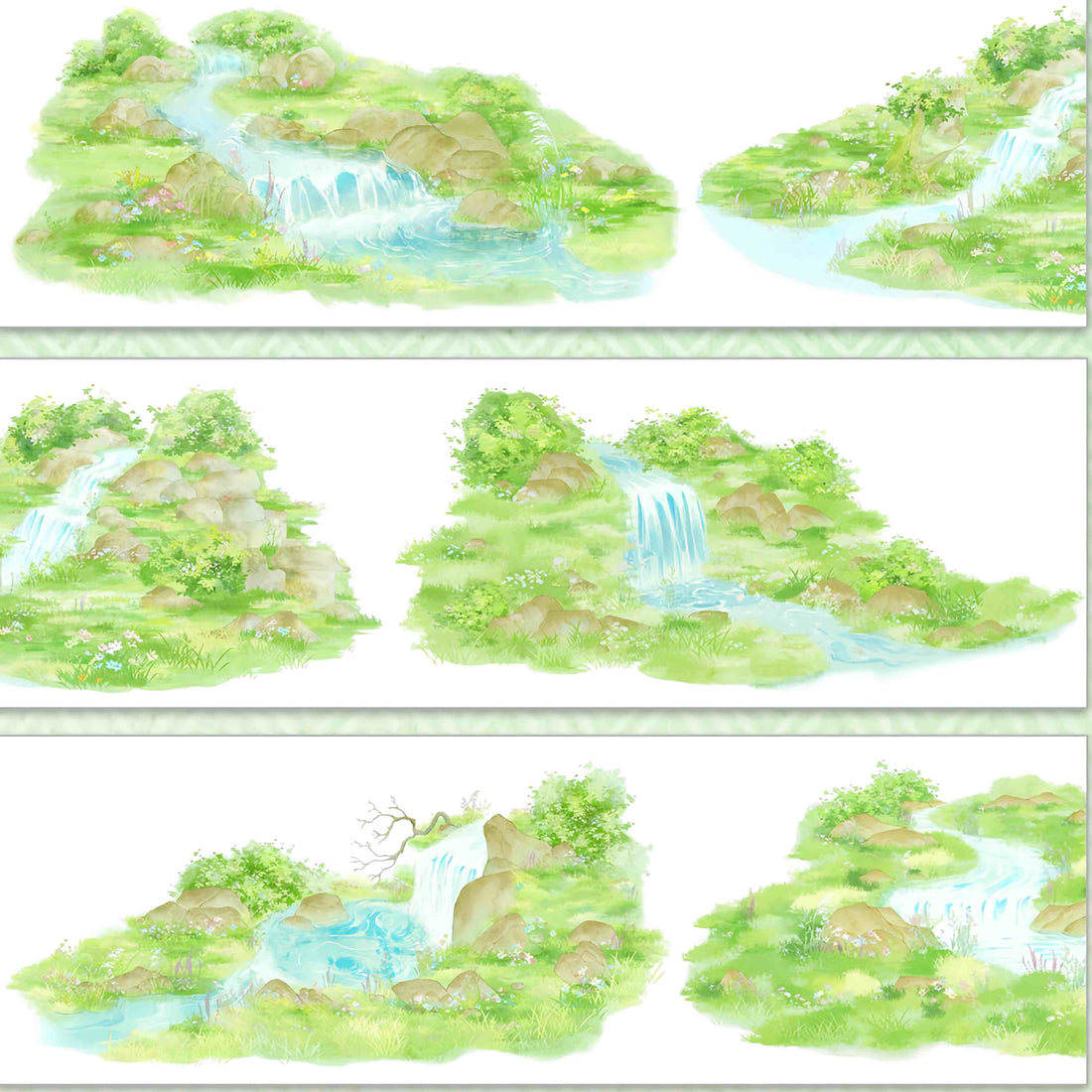 A small mountain brook cascading over rocks through grassy mounds