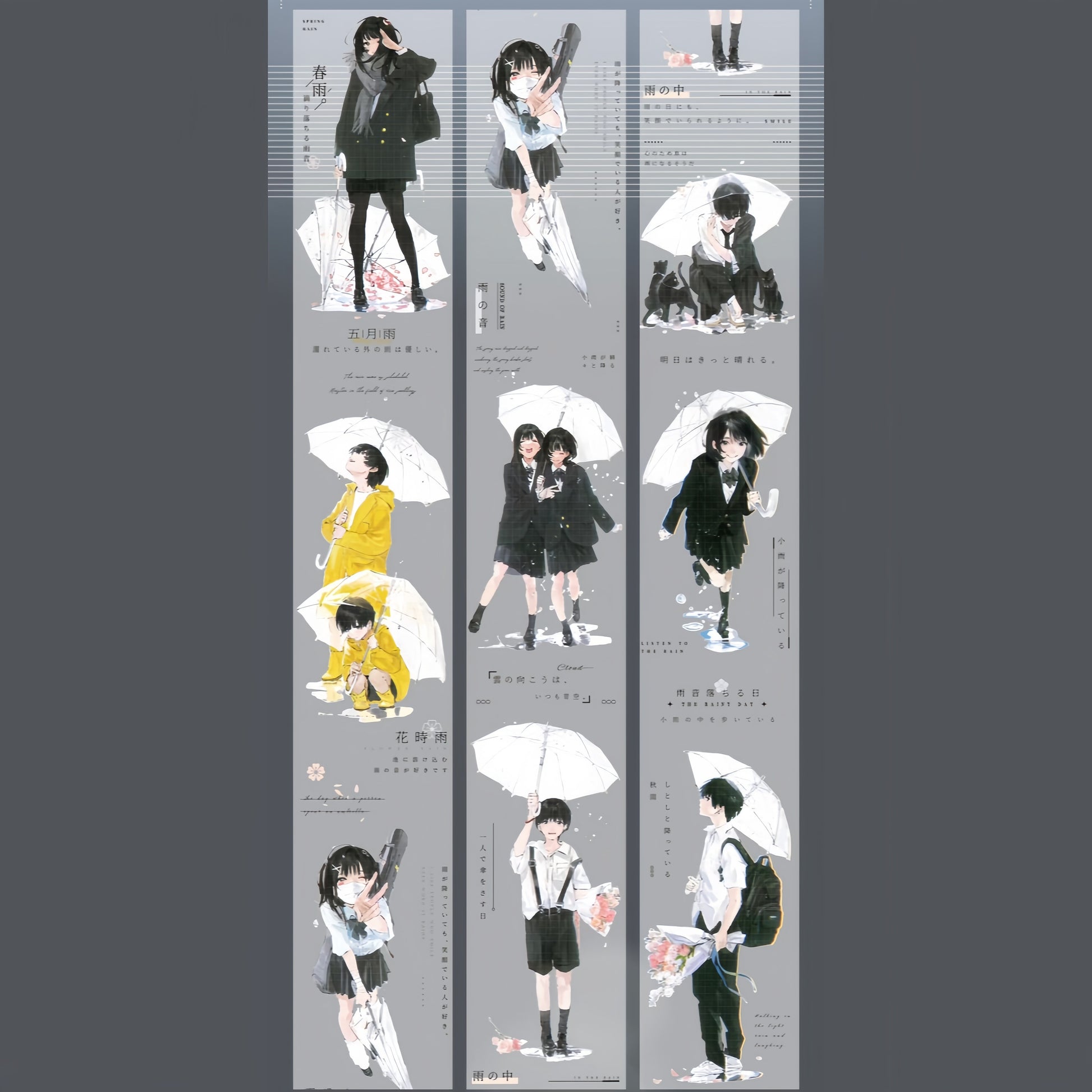 PET tape featuring anime-style students walking in the rain with umbrellas in muted grey-blue tones