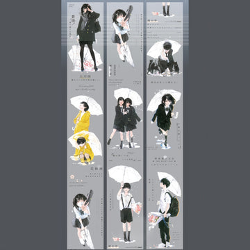 PET tape featuring anime-style students walking in the rain with umbrellas in muted grey-blue tones