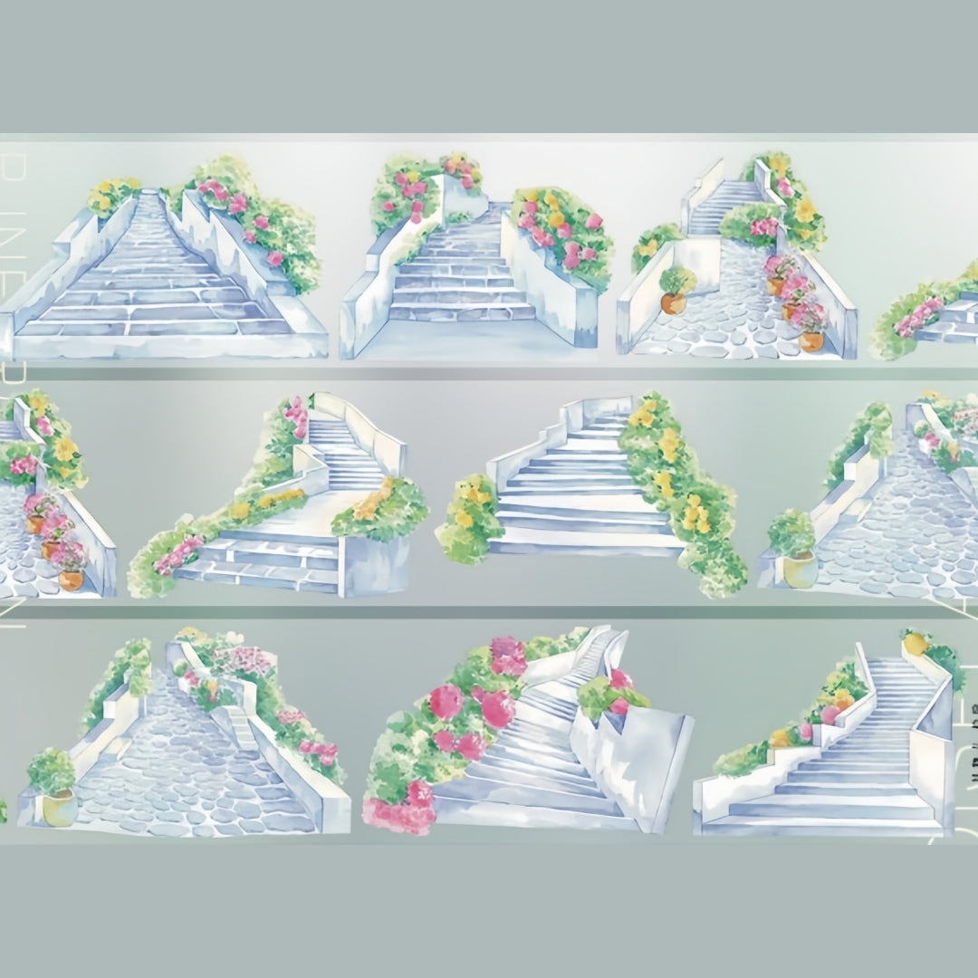 Flower-covered stairways, stone paths, and garden details on PET tape