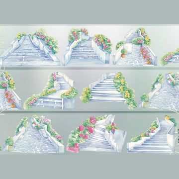 Flower-covered stairways, stone paths, and garden details on PET tape