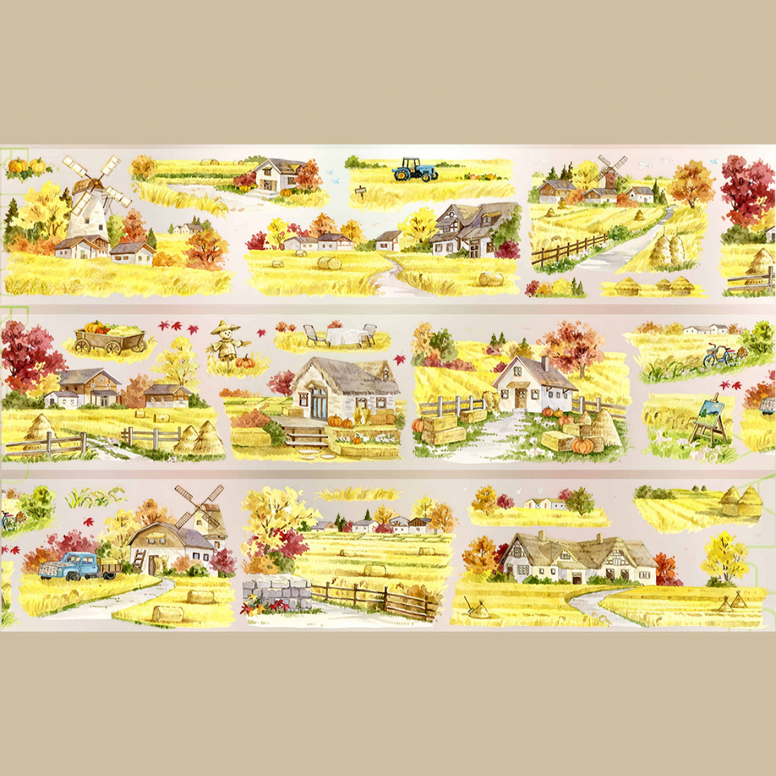 Golden wheat fields with barns and windmills PET tape design