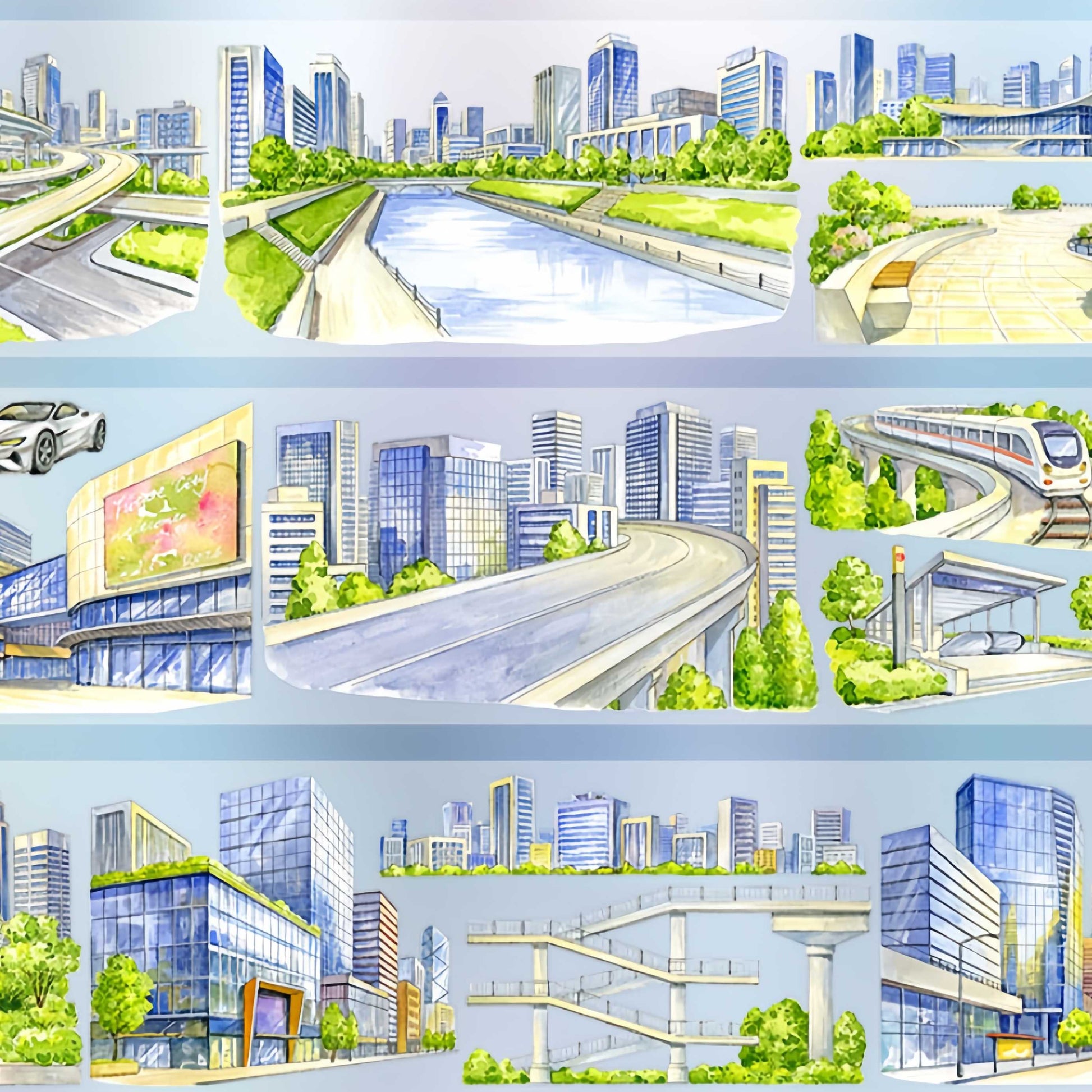 Modern city infrastructure with skyline, elevated roads, and canals PET tape design