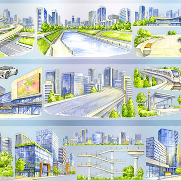 Modern city infrastructure with skyline, elevated roads, and canals PET tape design