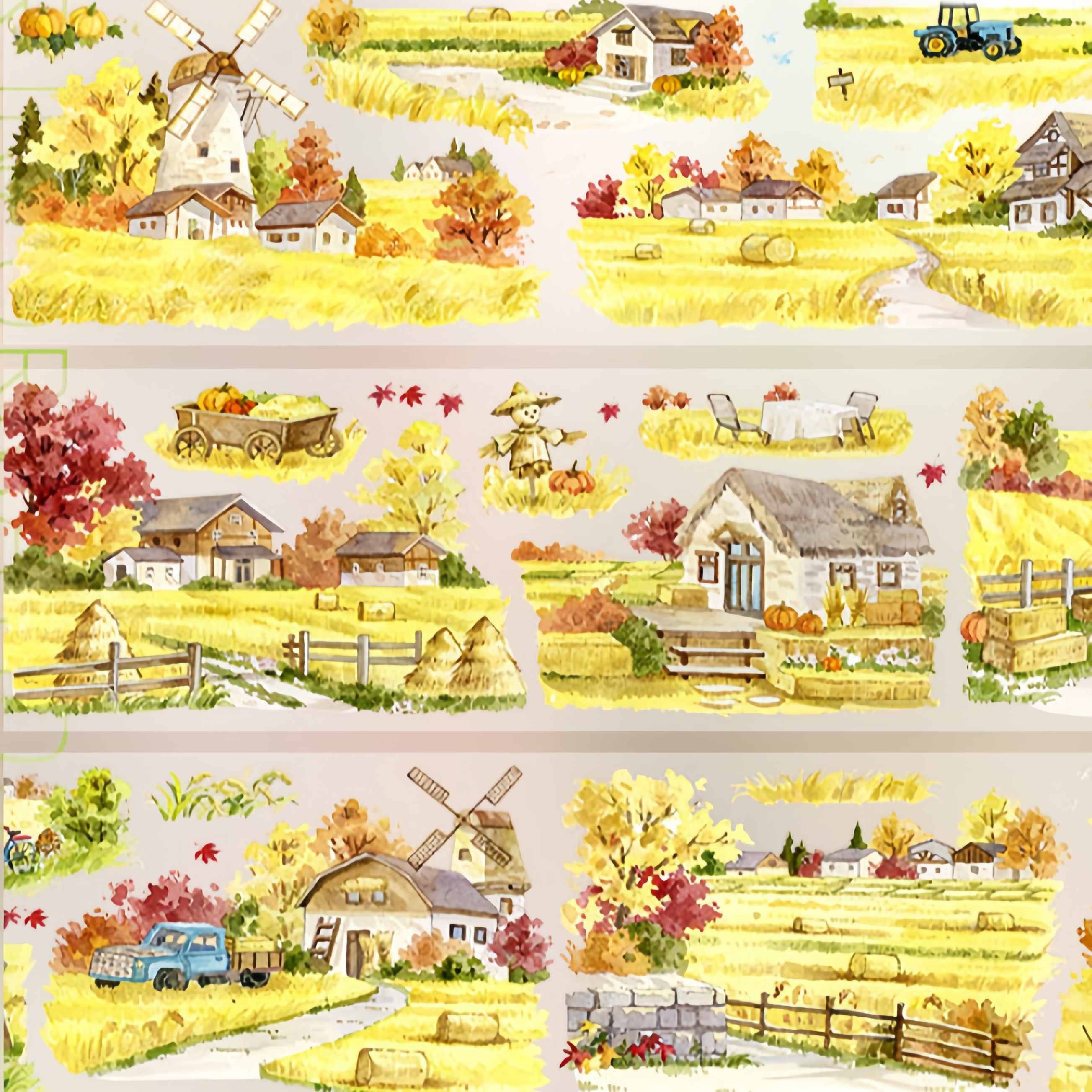Golden wheat fields with barns and windmills PET tape design