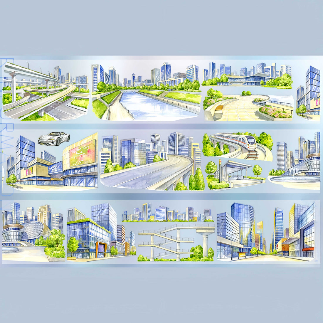 Modern city infrastructure with skyline, elevated roads, and canals PET tape design