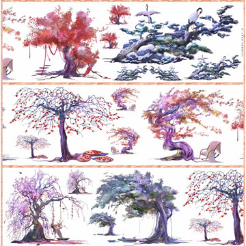 Four seasons tree tape with red maples, purple blossoms and blue pines