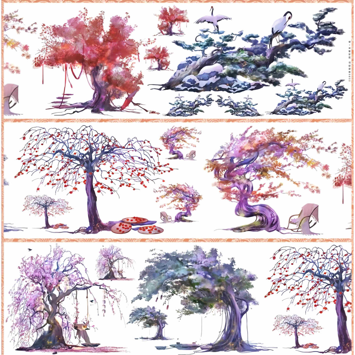 Four seasons tree tape with red maples, purple blossoms and blue pines