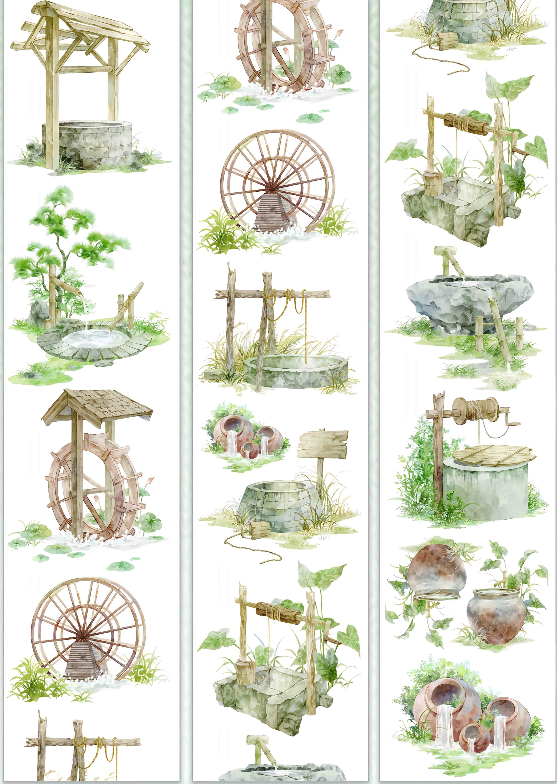 Countryside water wheel and well design, roll view