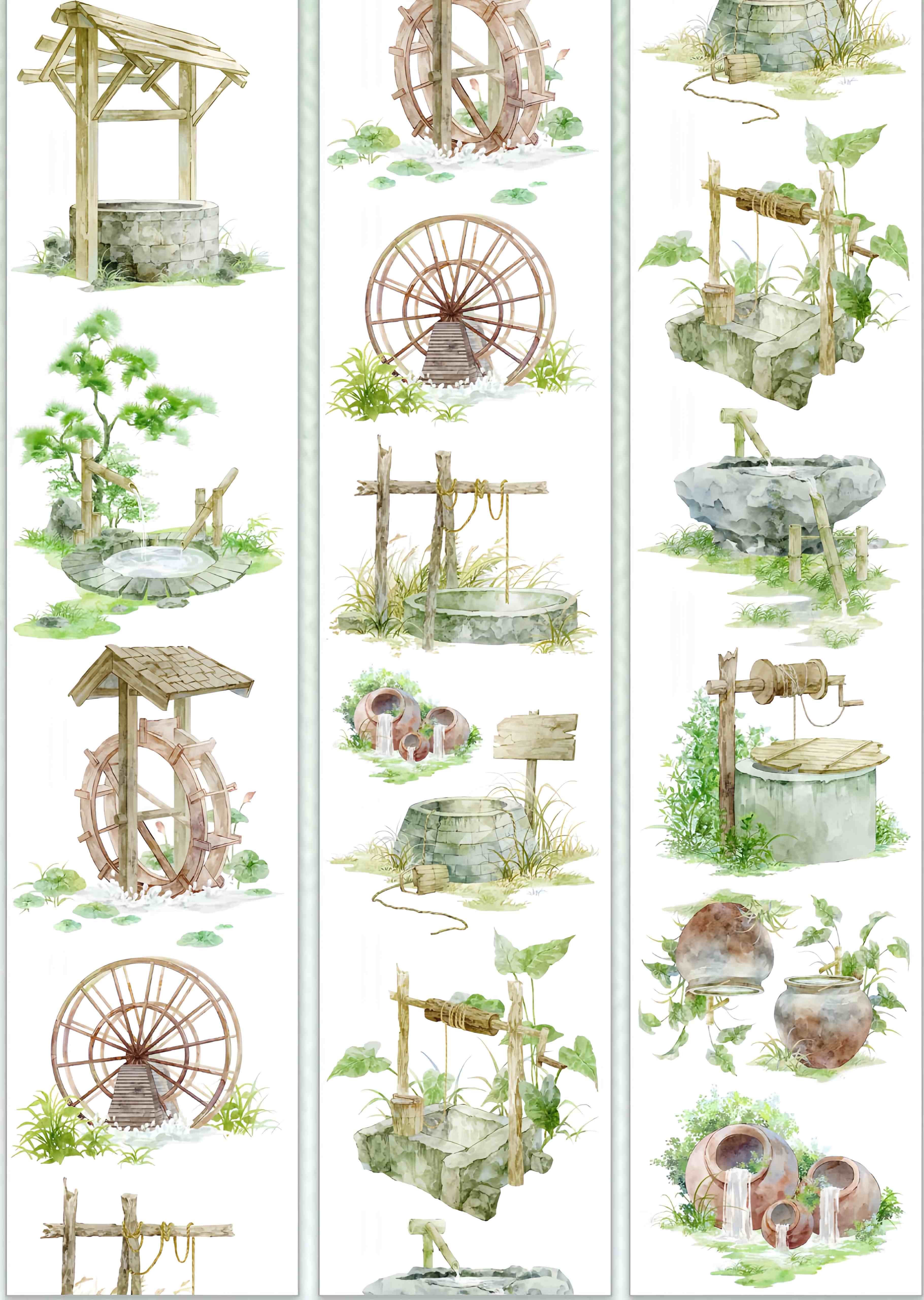 Countryside water wheel and well design, roll view