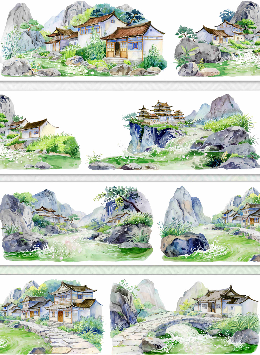 Traditional Chinese dwellings and a cliffside pavilion among rocky mountain peaks