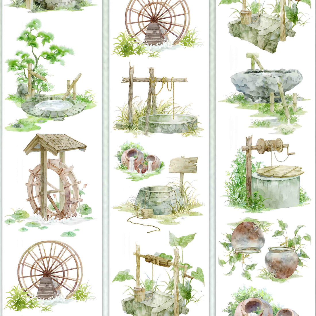 Rustic countryside water wheels, stone wells, and ceramic urns