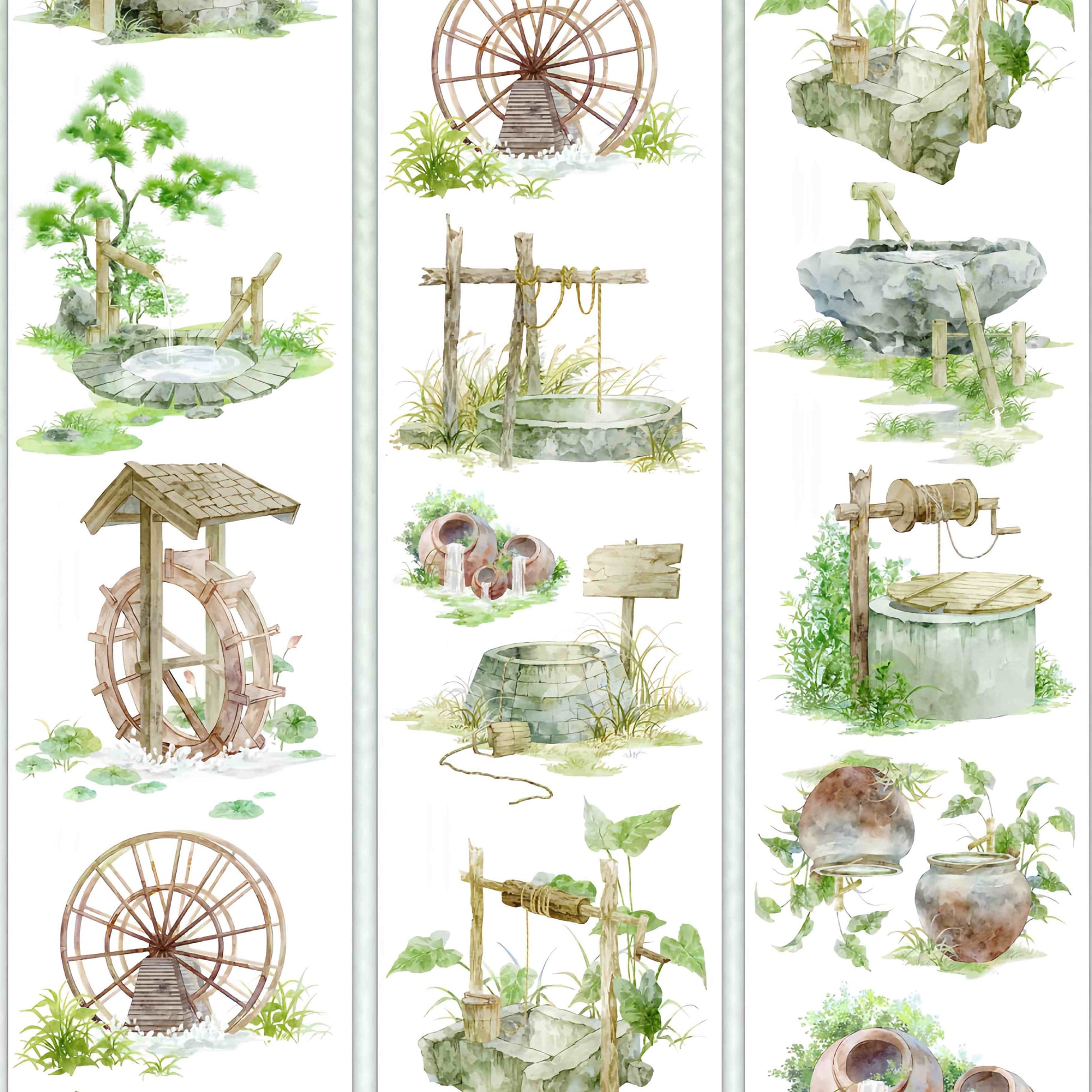 Rustic countryside water wheels, stone wells, and ceramic urns